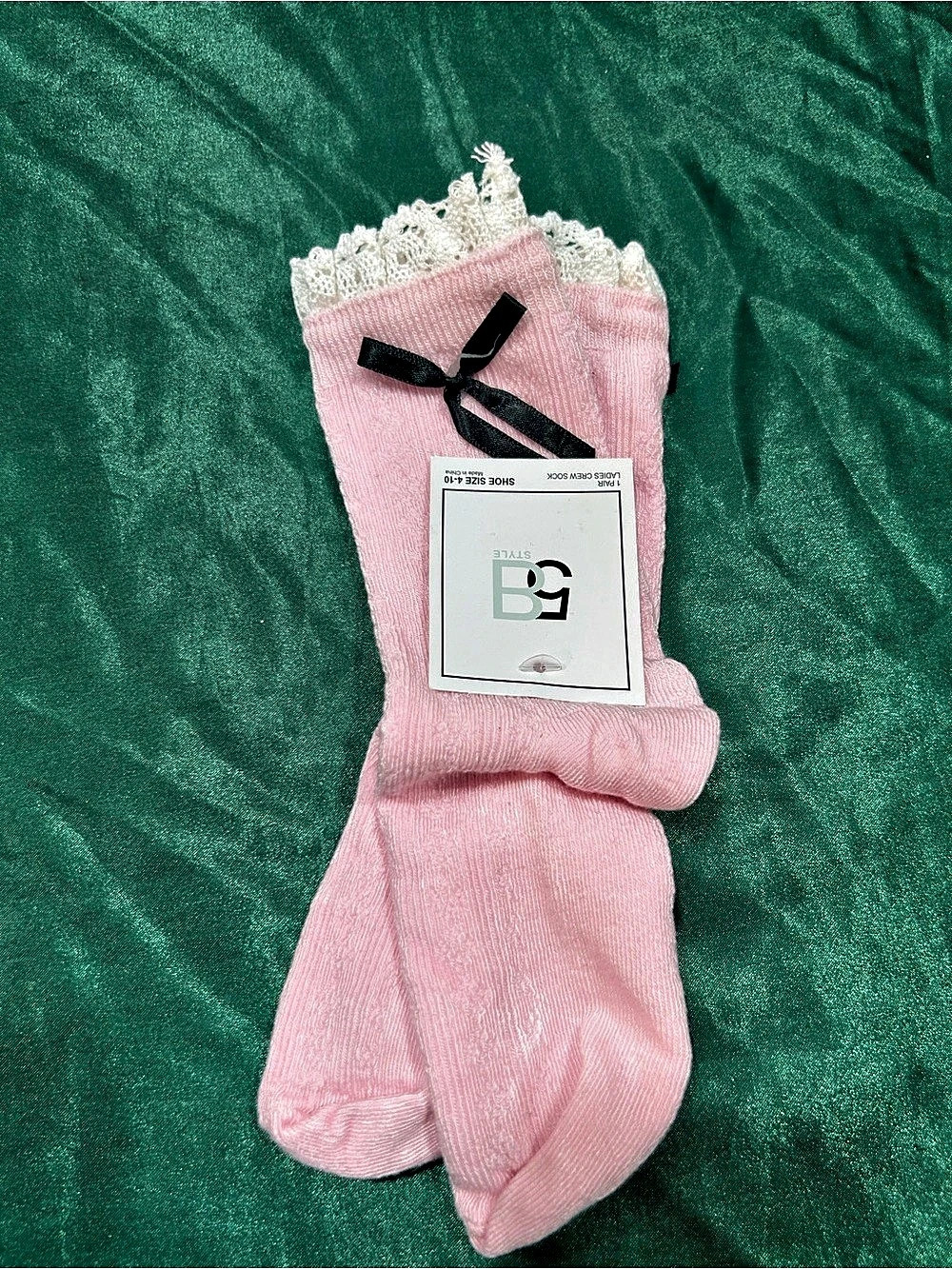BG Style Lace Trim Ribbon Socks in Pink Shoe Size 4-10 NWT